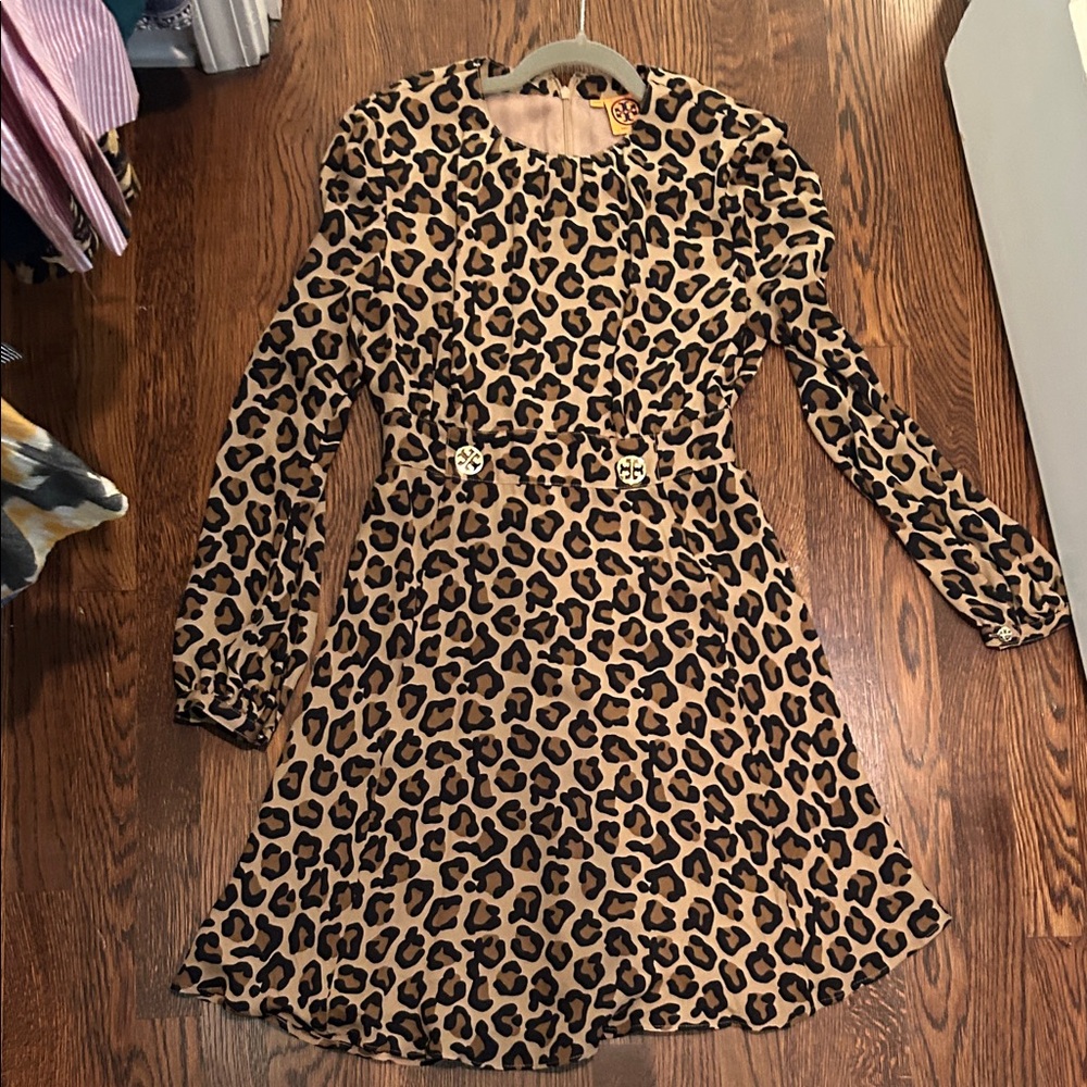 Tory Burch Silk Leopard Print Long Sleeve Dress